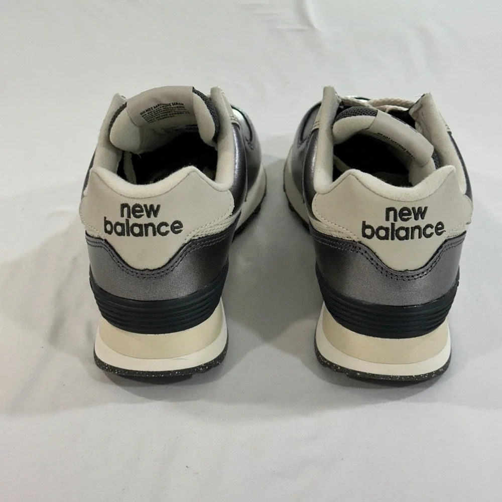 New Balance 574 Metallic Gunmetal Leather Mesh Sneakers Womens Shoes Grey Silver